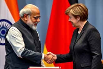 A photo of the Indian Prime Minister and the German Chancellor shaking hands or signing a document, with a backdrop of Indian and German flags.