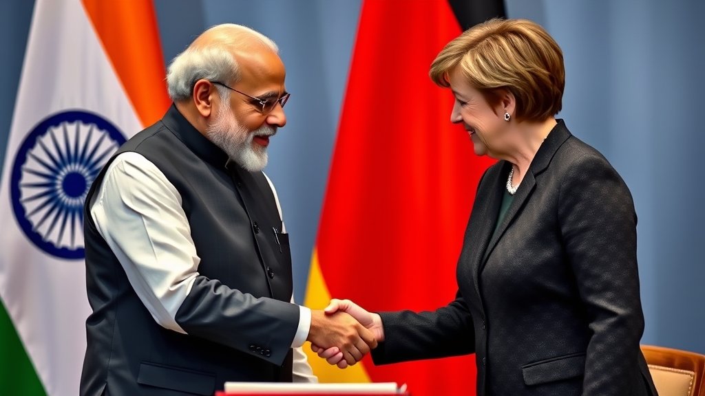 A photo of the Indian Prime Minister and the German Chancellor shaking hands or signing a document, with a backdrop of Indian and German flags.
