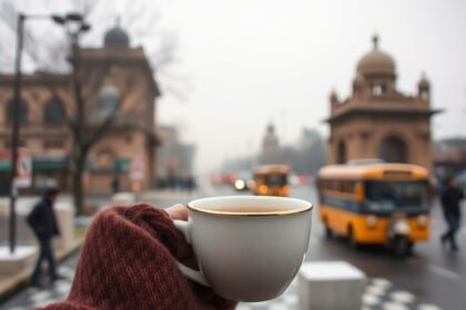 A photograph of a person wearing warm clothing and holding a hot cup of tea, with a blurred background of Delhi's streets and buildings under a grey winter sky