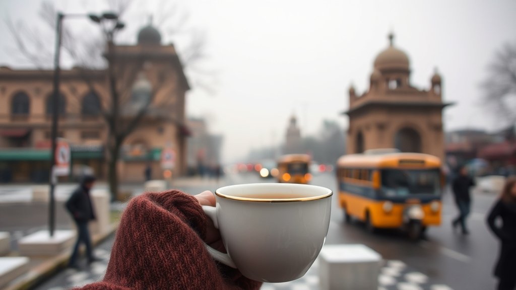 A photograph of a person wearing warm clothing and holding a hot cup of tea, with a blurred background of Delhi's streets and buildings under a grey winter sky