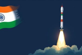 An illustration of the PSLV-C62 rocket launching into space with the EOS-N1 satellite on board, with a subtle background of the Indian flag and a few stars in the sky.