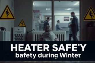 A photo of a person sitting in a room with a heater, surrounded by warning signs and safety precautions, with a subtle background image of a hospital or a medical team, conveying the importance of heater safety during winter.