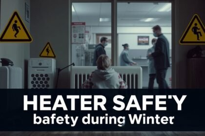A photo of a person sitting in a room with a heater, surrounded by warning signs and safety precautions, with a subtle background image of a hospital or a medical team, conveying the importance of heater safety during winter.