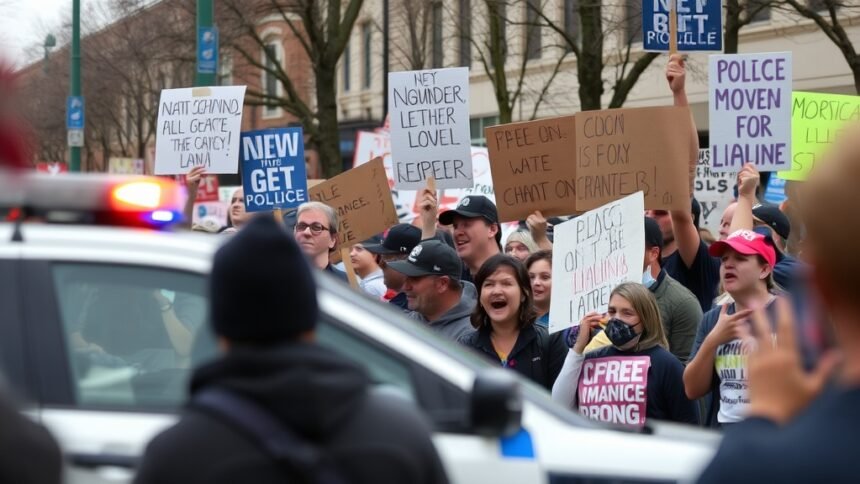 A photo of a protest scene in Minneapolis with a crowd of people holding signs and chanting slogans, with a blurred image of a police car in the background.
