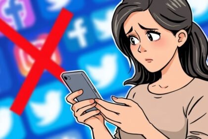 A illustration of a person holding a smartphone with a concerned expression, with a blurred background of social media logos and a red X marked through it, symbolizing the issue of digital undressing and social media regulation.