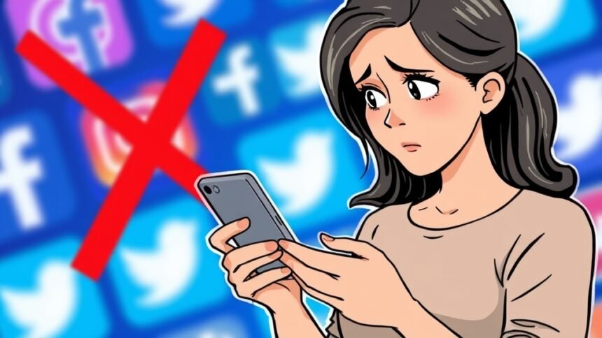 A illustration of a person holding a smartphone with a concerned expression, with a blurred background of social media logos and a red X marked through it, symbolizing the issue of digital undressing and social media regulation.