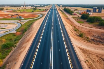 Aerial view of the Bengaluru-Vijayawada highway with a long stretch of bituminous road and construction equipment in the background, highlighting the massive infrastructure project.