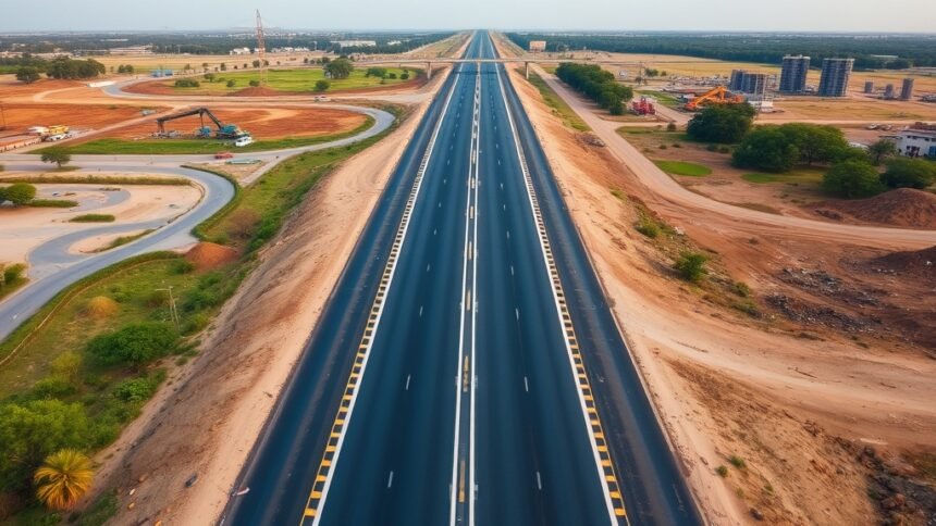 Aerial view of the Bengaluru-Vijayawada highway with a long stretch of bituminous road and construction equipment in the background, highlighting the massive infrastructure project.