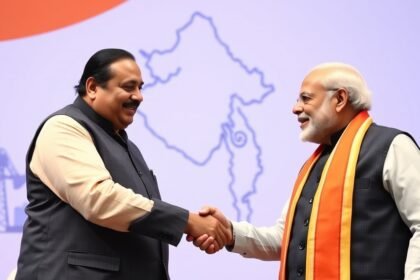 A photo of Mukesh Ambani and Narendra Modi shaking hands, with a backdrop of the Gujarat state map and industry symbols