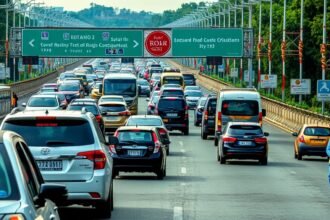 A photo of a crowded highway with vehicles moving slowly, with a festive atmosphere in the background, and a clear view of the road signs and traffic management personnel.