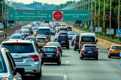 A photo of a crowded highway with vehicles moving slowly, with a festive atmosphere in the background, and a clear view of the road signs and traffic management personnel.