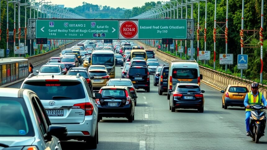 A photo of a crowded highway with vehicles moving slowly, with a festive atmosphere in the background, and a clear view of the road signs and traffic management personnel.