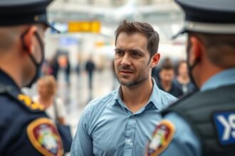 A photo of a person being detained by police at an airport, with a blurred background of airplanes and passengers