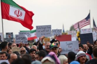 A photo of a protest in Iran with a crowd of people holding signs and chanting slogans, with a subtle background of the Iranian flag and a hint of the US flag in the distance.