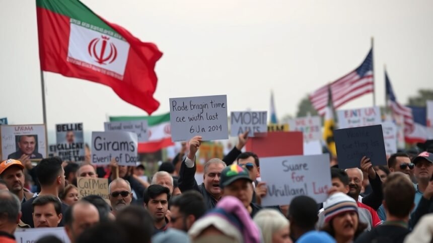 A photo of a protest in Iran with a crowd of people holding signs and chanting slogans, with a subtle background of the Iranian flag and a hint of the US flag in the distance.