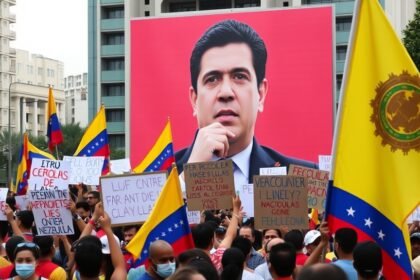 A photo of a protest in Caracas, Venezuela, with a crowd of people holding signs and flags, and a large image of Nicolas Maduro in the background.