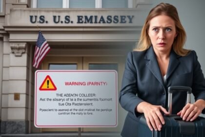 A photograph of a US embassy building with a warning sign in front, or a picture of a person holding a suitcase with a concerned expression, symbolizing the urgency of the situation.