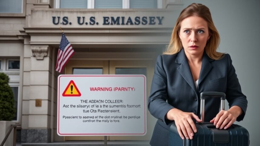 A photograph of a US embassy building with a warning sign in front, or a picture of a person holding a suitcase with a concerned expression, symbolizing the urgency of the situation.