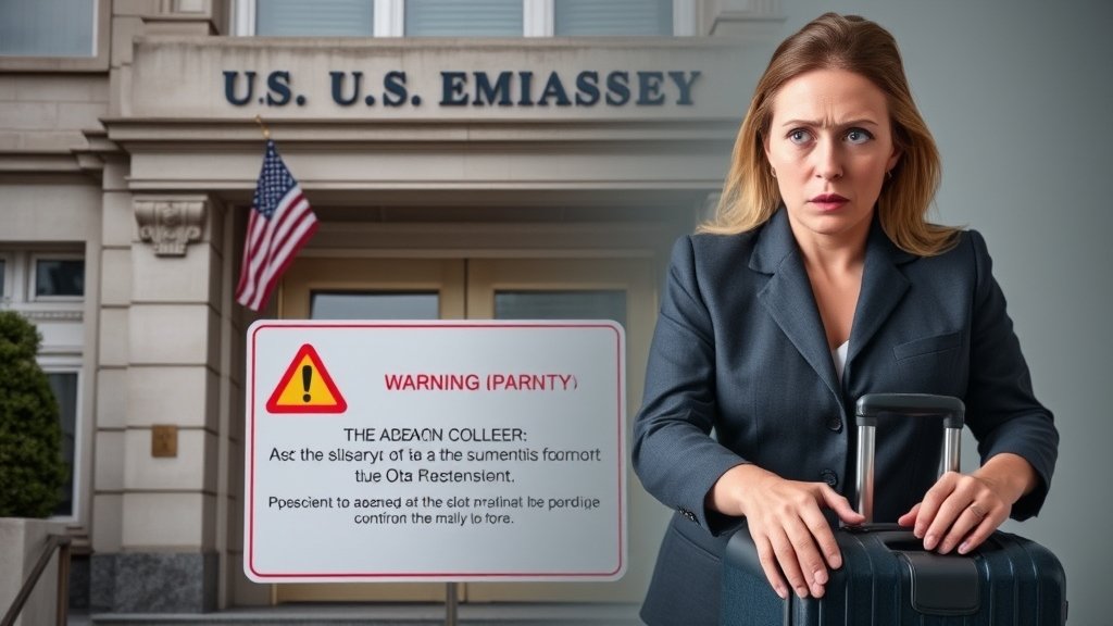 A photograph of a US embassy building with a warning sign in front, or a picture of a person holding a suitcase with a concerned expression, symbolizing the urgency of the situation.