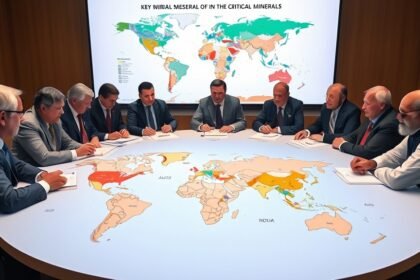 A photo of a group of world leaders from G7 countries, Australia, and India gathered around a table discussing critical minerals, with a large screen display showing a map of the world with key mineral reserves highlighted.
