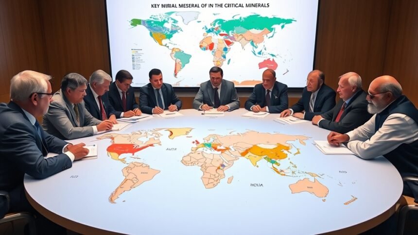 A photo of a group of world leaders from G7 countries, Australia, and India gathered around a table discussing critical minerals, with a large screen display showing a map of the world with key mineral reserves highlighted.