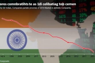 A graph showing the decline in market capitalization of India's top companies, with a background image of the Indian stock market