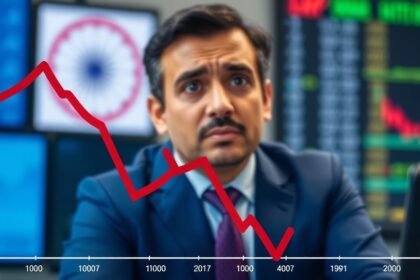 A graph showing the decline of the Indian stock market with a picture of a stockbroker in the background looking worried