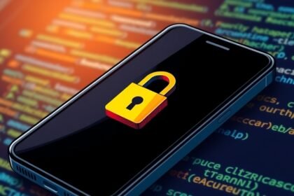 a detailed illustration of a smartphone with a lock icon and a code snippet in the background, representing the concept of smartphone security and source code sharing