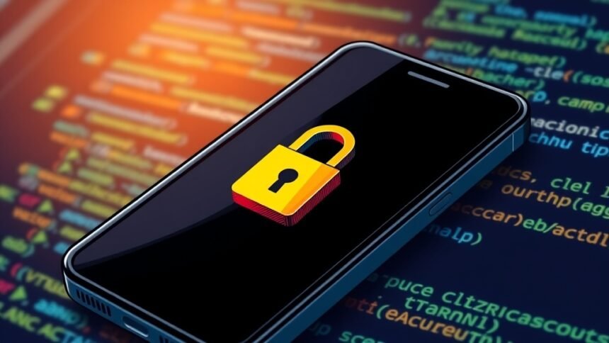a detailed illustration of a smartphone with a lock icon and a code snippet in the background, representing the concept of smartphone security and source code sharing