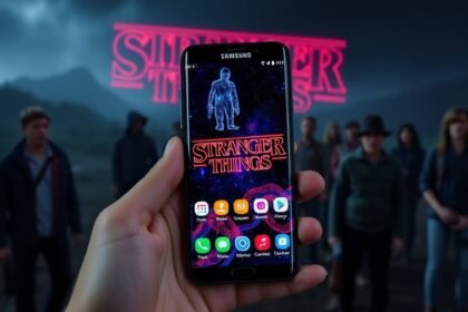 A person holding a Samsung Galaxy phone with a Stranger Things theme, standing in front of a dark and mysterious background with the show's characters in the distance