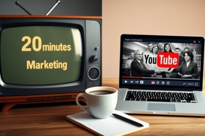 A split-screen image with a vintage TV playing a 20-minute ad on one side and a modern laptop showing a YouTube video on the other, with a cup of coffee and a notebook in the middle, symbolizing the evolution of marketing from traditional to digital.