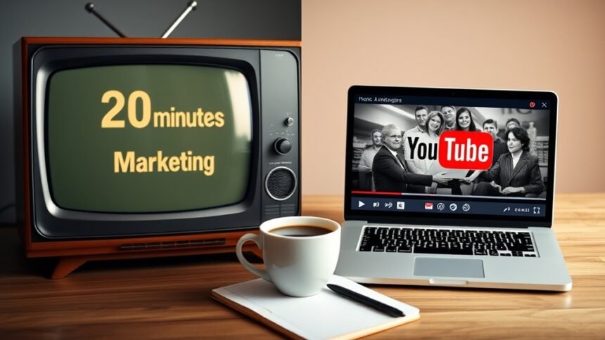 A split-screen image with a vintage TV playing a 20-minute ad on one side and a modern laptop showing a YouTube video on the other, with a cup of coffee and a notebook in the middle, symbolizing the evolution of marketing from traditional to digital.