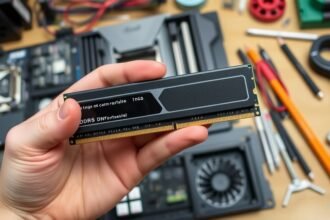 A photo of a person holding a custom-built DDR5 memory module, with a background of computer hardware components and tools.