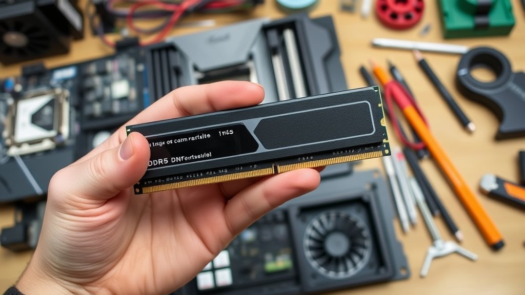 A photo of a person holding a custom-built DDR5 memory module, with a background of computer hardware components and tools.
