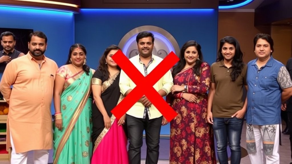 A photo of the Bigg Boss Kannada 12 contestants standing together in the house, with a bold red X marked through one of the contestants to signify elimination.