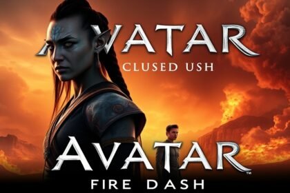 A movie poster of Avatar: Fire and Ash with a backdrop of a fiery landscape and ash-filled skies, with the main characters in the foreground.