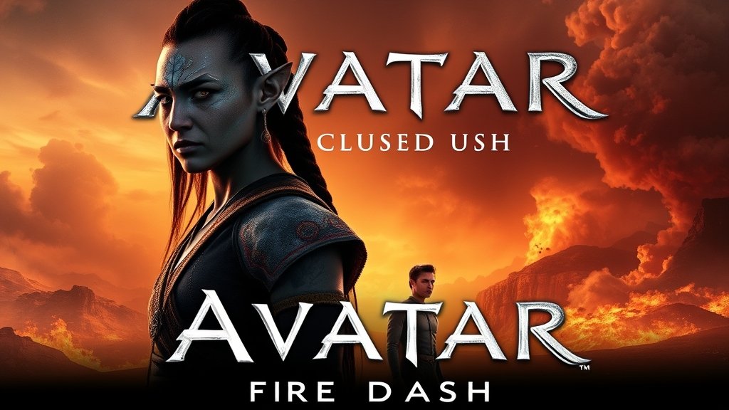 A movie poster of Avatar: Fire and Ash with a backdrop of a fiery landscape and ash-filled skies, with the main characters in the foreground.