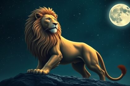 A serene and mystical image of a lion symbolizing the Leo zodiac sign, set against a starry night sky with a subtle glow of a full moon, incorporating elements of Indian astrology and culture.