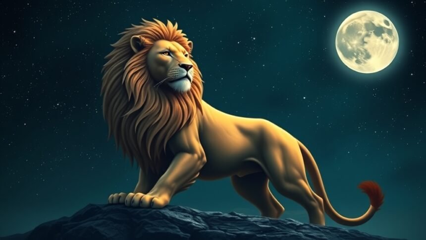 A serene and mystical image of a lion symbolizing the Leo zodiac sign, set against a starry night sky with a subtle glow of a full moon, incorporating elements of Indian astrology and culture.