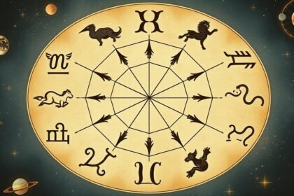 A detailed illustration of the 12 zodiac signs with their respective symbols and a subtle background of stars and planets, conveying a sense of celestial influence on human lives.