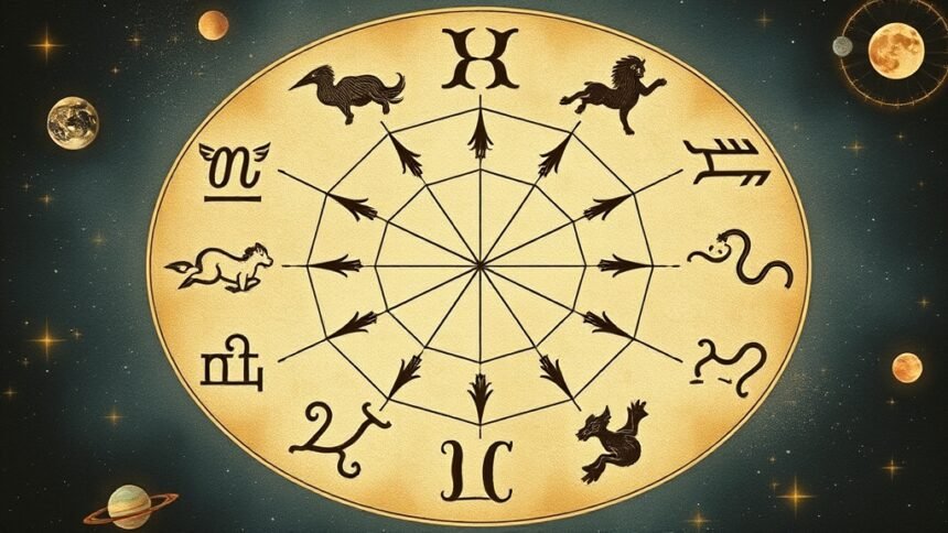 A detailed illustration of the 12 zodiac signs with their respective symbols and a subtle background of stars and planets, conveying a sense of celestial influence on human lives.