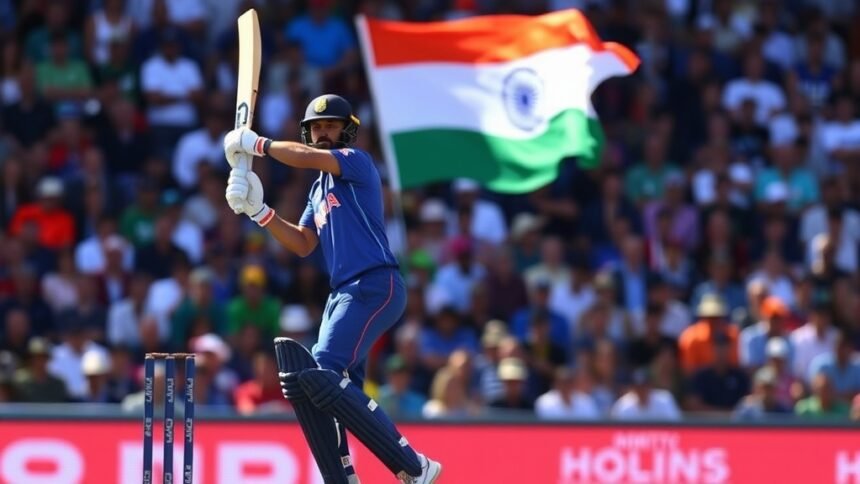 A photo of Virat Kohli batting in the first ODI against New Zealand, with a crowd of spectators in the background and the Indian flag waving high.