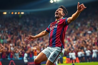 A dramatic illustration of Raphinha celebrating a goal in the Supercopa final between Barcelona and Real Madrid, with a blurred background of excited fans and stadium lights