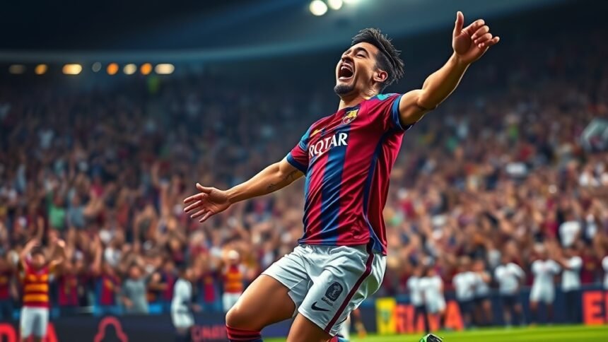 A dramatic illustration of Raphinha celebrating a goal in the Supercopa final between Barcelona and Real Madrid, with a blurred background of excited fans and stadium lights