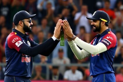 A photo of Virat Kohli and Rohit Sharma receiving a unique felicitation during an ODI match against New Zealand, with a crowd of fans cheering in the background.