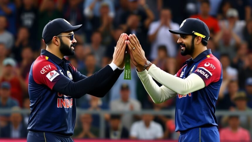 A photo of Virat Kohli and Rohit Sharma receiving a unique felicitation during an ODI match against New Zealand, with a crowd of fans cheering in the background.