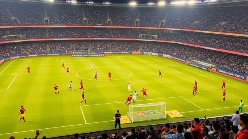 A photo of a football stadium in India with players in action, highlighting the excitement and energy of the Indian Super League