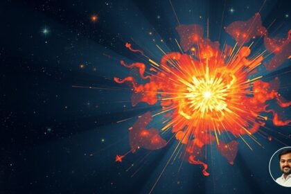 An illustration of a cosmic explosion in the deep space with stars and galaxies in the background, and a subtle image of Priyamvada Natarajan in the corner.