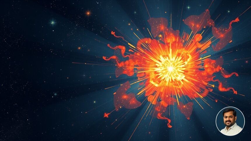 An illustration of a cosmic explosion in the deep space with stars and galaxies in the background, and a subtle image of Priyamvada Natarajan in the corner.