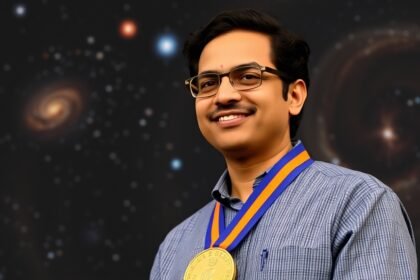 A photo of an Indian-origin scientist receiving a gold medal from the Royal Astronomical Society, with a background of stars and galaxies.